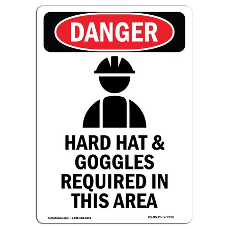 Signmission OSHA Danger Sign, Hard Hat And Goggles, 5in X 3.5in Decal, 10PK, 3.5" W, 5" H, Portrait, PK10 OS-DS-D-35-V-1290-10PK